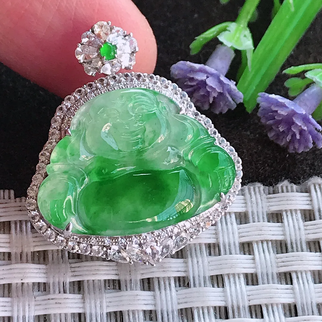 实拍A货翡翠29.5/26/8.2老坑18k金镶嵌冰阳绿佛公吊坠翡翠挂件