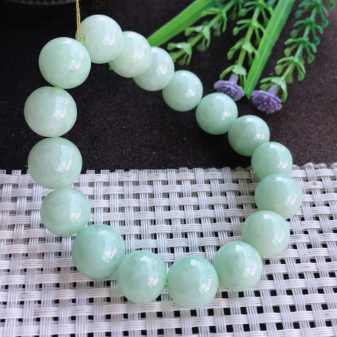 实拍A货翡翠12.5/17颗老坑清秀温润浅绿色圆珠手链翡翠玉珠手串