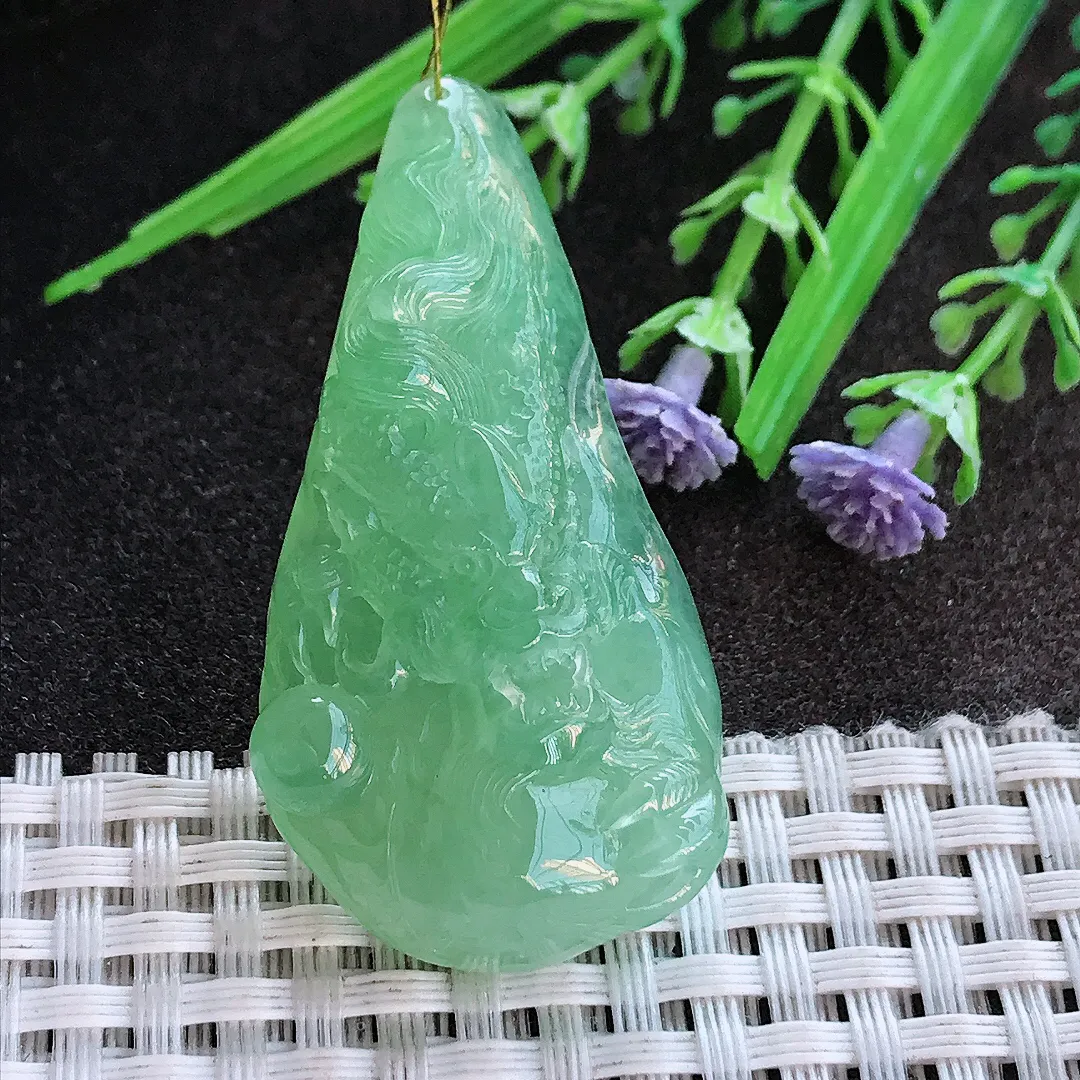 实拍A货翡翠49/25/11.7老坑冰胶果冻冰晴满绿甜绿龙牌吊坠翡翠龙头
