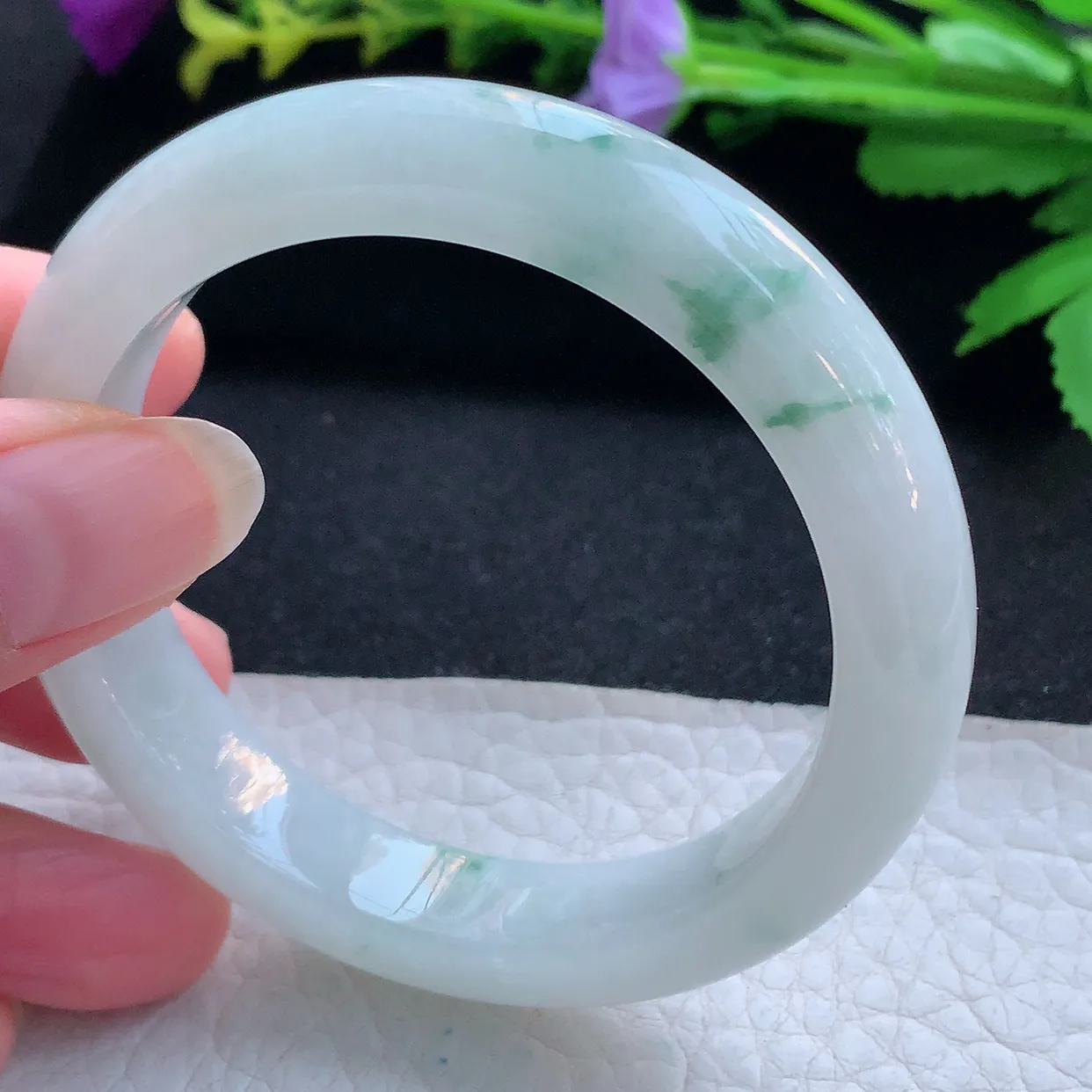 hf实拍53.5*11.5*8.2平安镯 天然缅甸翡翠玉手镯冰飘花飘逸宽边玉手环