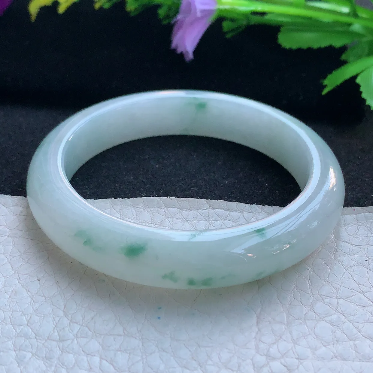 hf实拍53.5*11.5*8.2平安镯 天然缅甸翡翠玉手镯冰飘花飘逸宽边玉手环