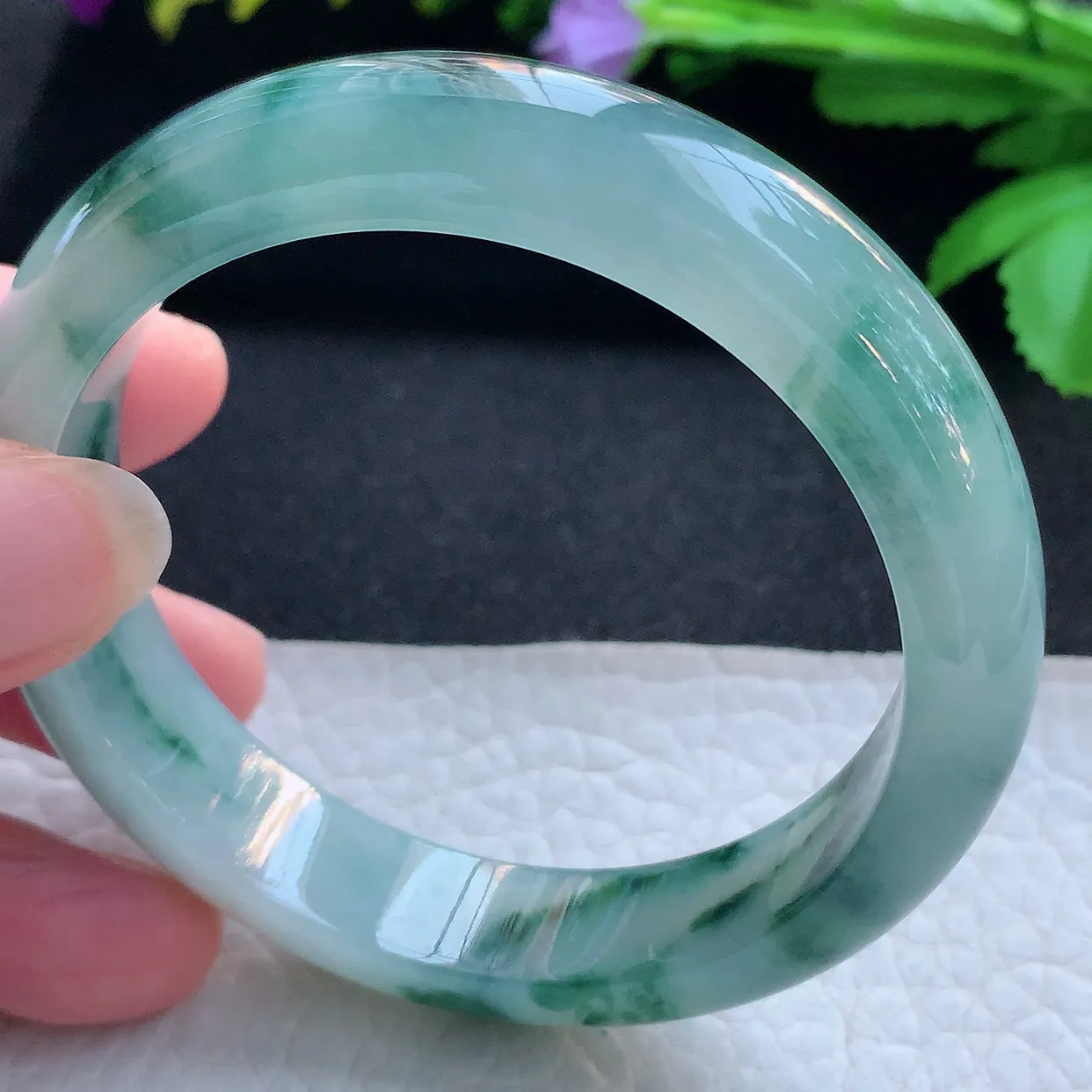nr实拍56.5*13*8平安镯 天然缅甸翡翠玉手镯冰飘蓝花厚装宽边玉手环