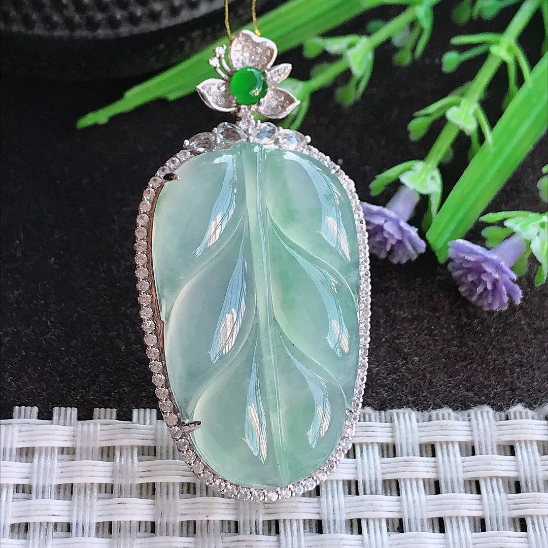 实拍A货翡翠47/24/9.3老坑18k金镶嵌冰种果冻胶冰晴叶子吊坠翡翠挂件