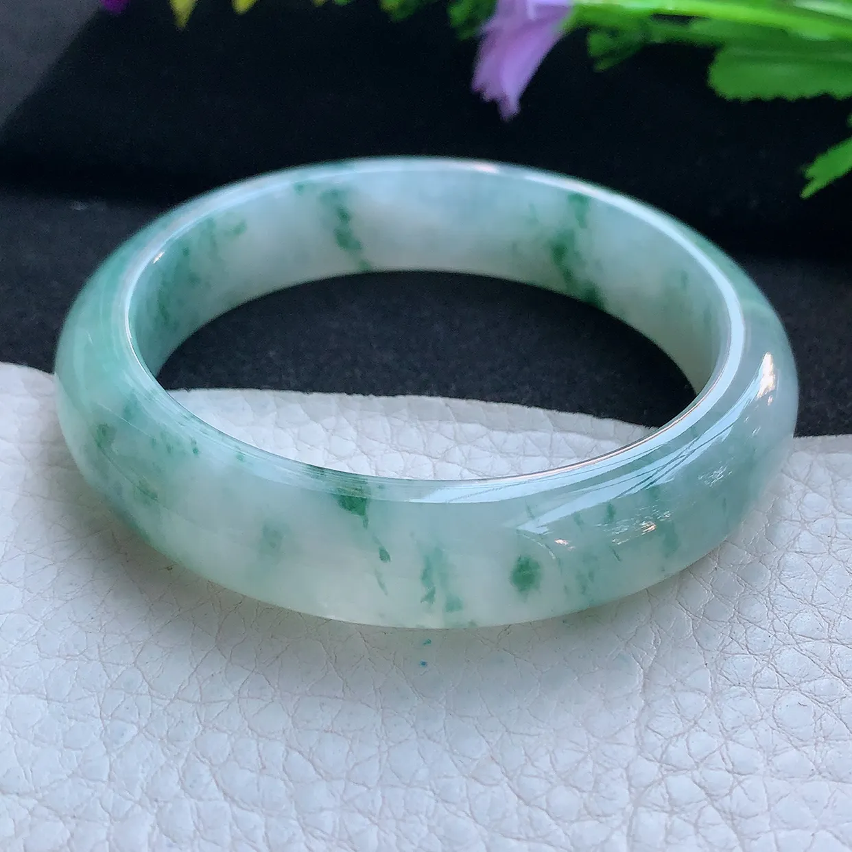 jl实拍56.5*13*8平安镯 天然缅甸翡翠玉手镯冰飘花飘逸宽边玉手环