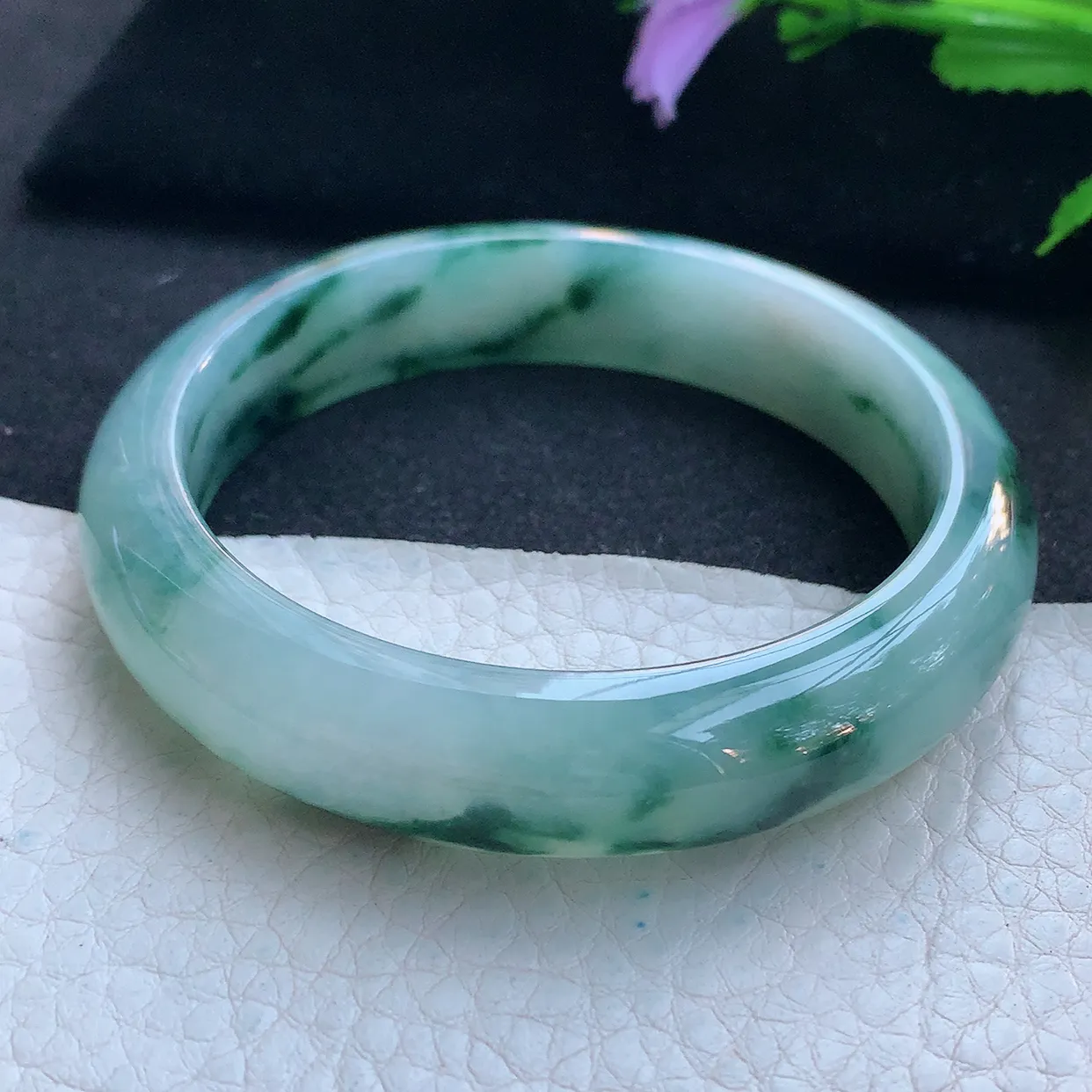 nr实拍56.5*13*8平安镯 天然缅甸翡翠玉手镯冰飘蓝花厚装宽边玉手环