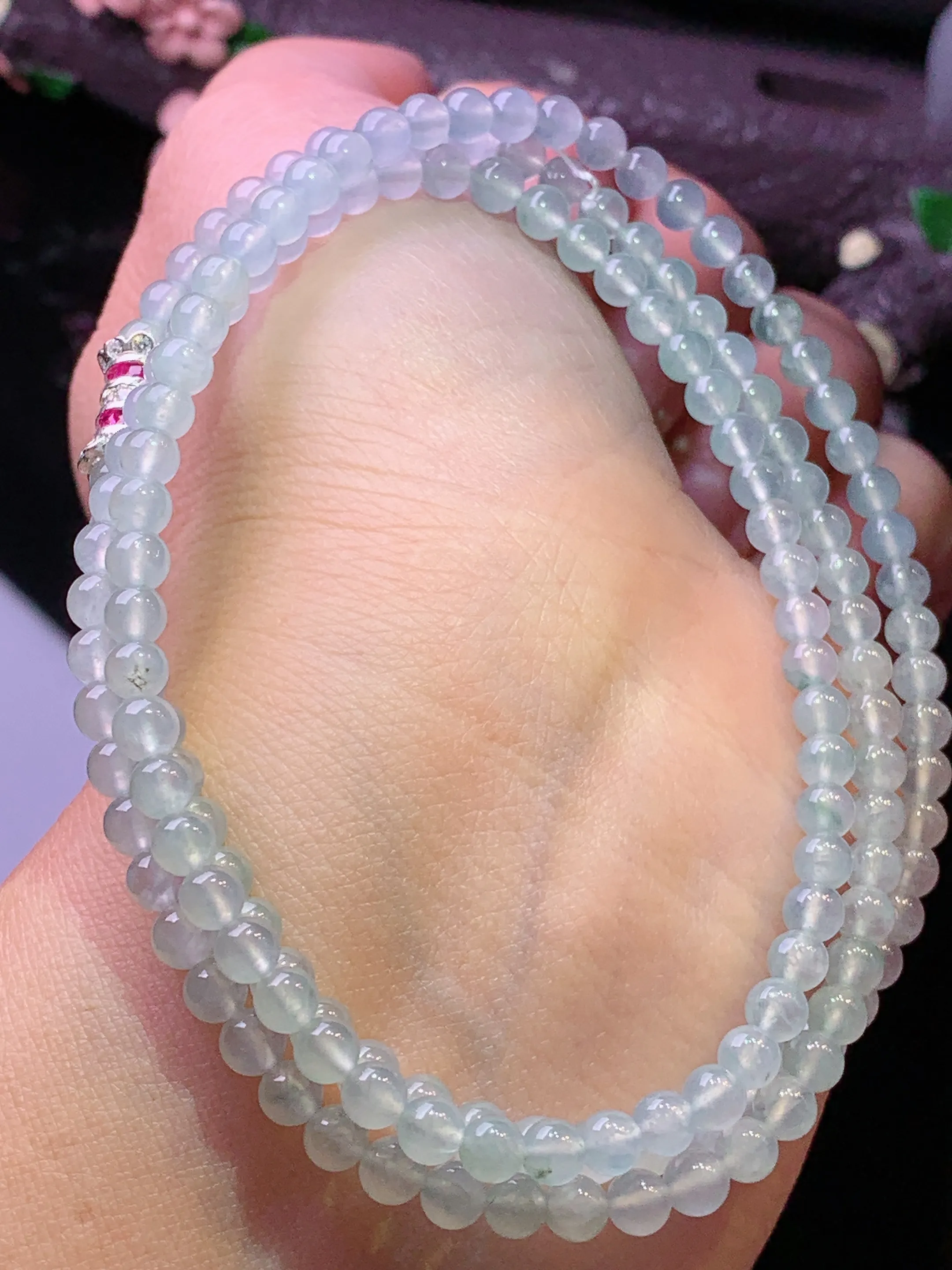 冰种圆珠项链 玉质细腻 色泽艳丽清新 整体尺寸4
