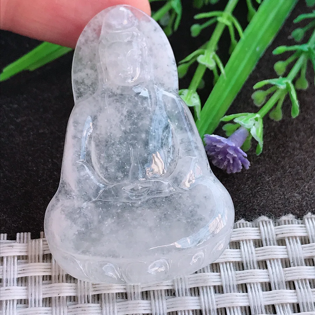 实拍A货翡翠49.5/33/4.5老坑冰透素衣观音吊坠翡翠挂件