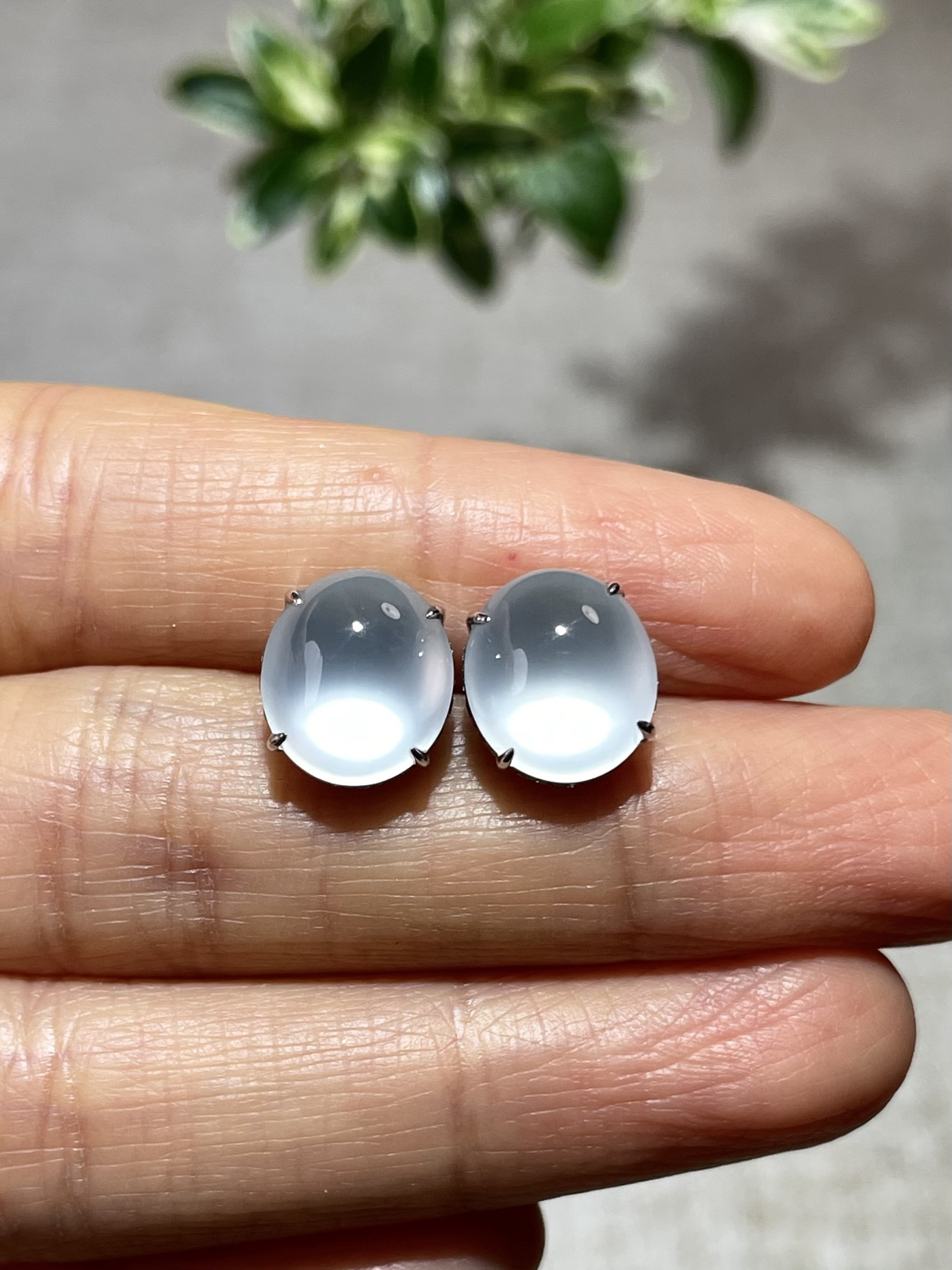 玻璃种蛋面耳钉
裸石：10.5*9.5*5mm
整体：10.5*9.5*8.5mm