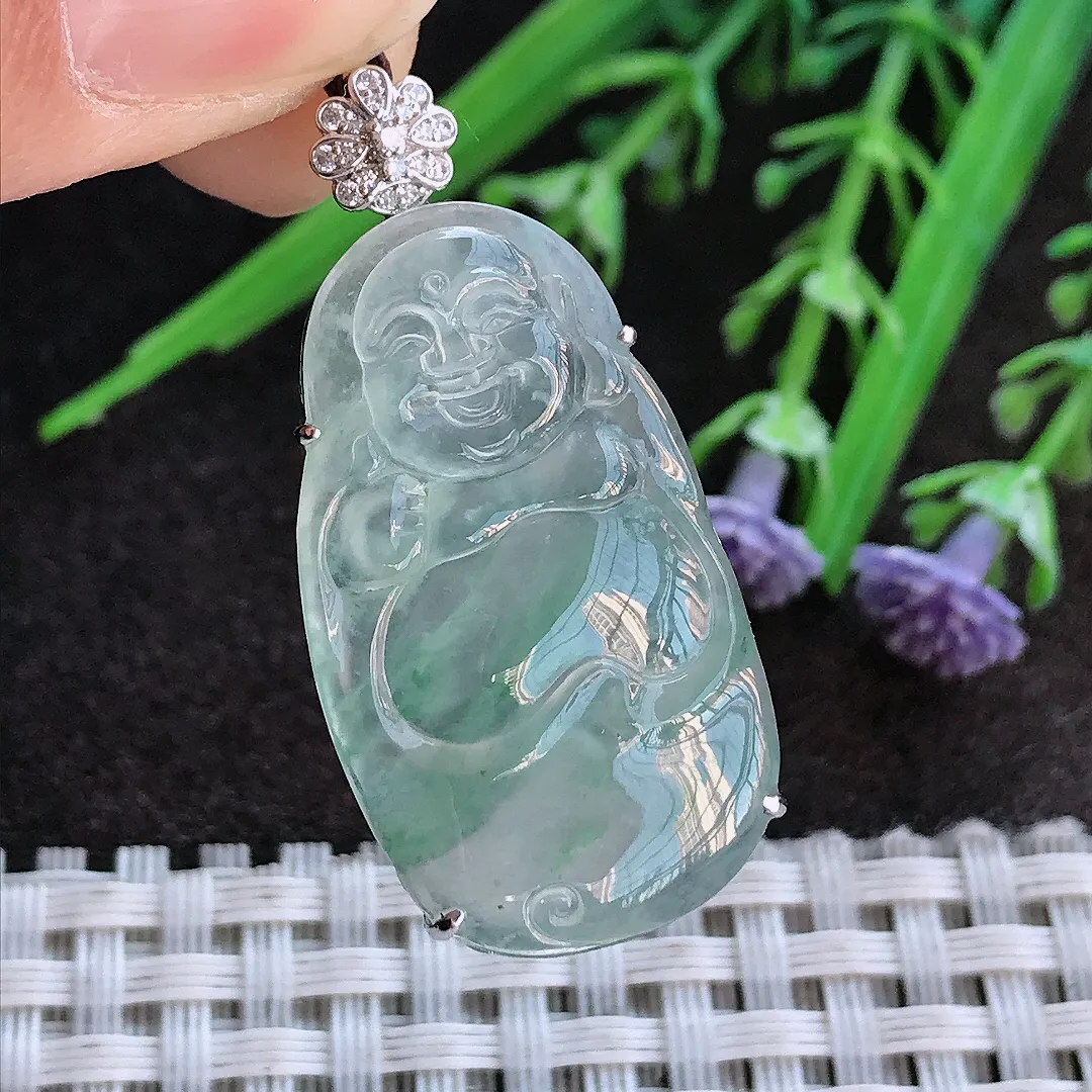 实拍A货翡翠37.2/18/6老坑18k金镶嵌冰种果冻佛公吊坠翡翠布袋佛挂件