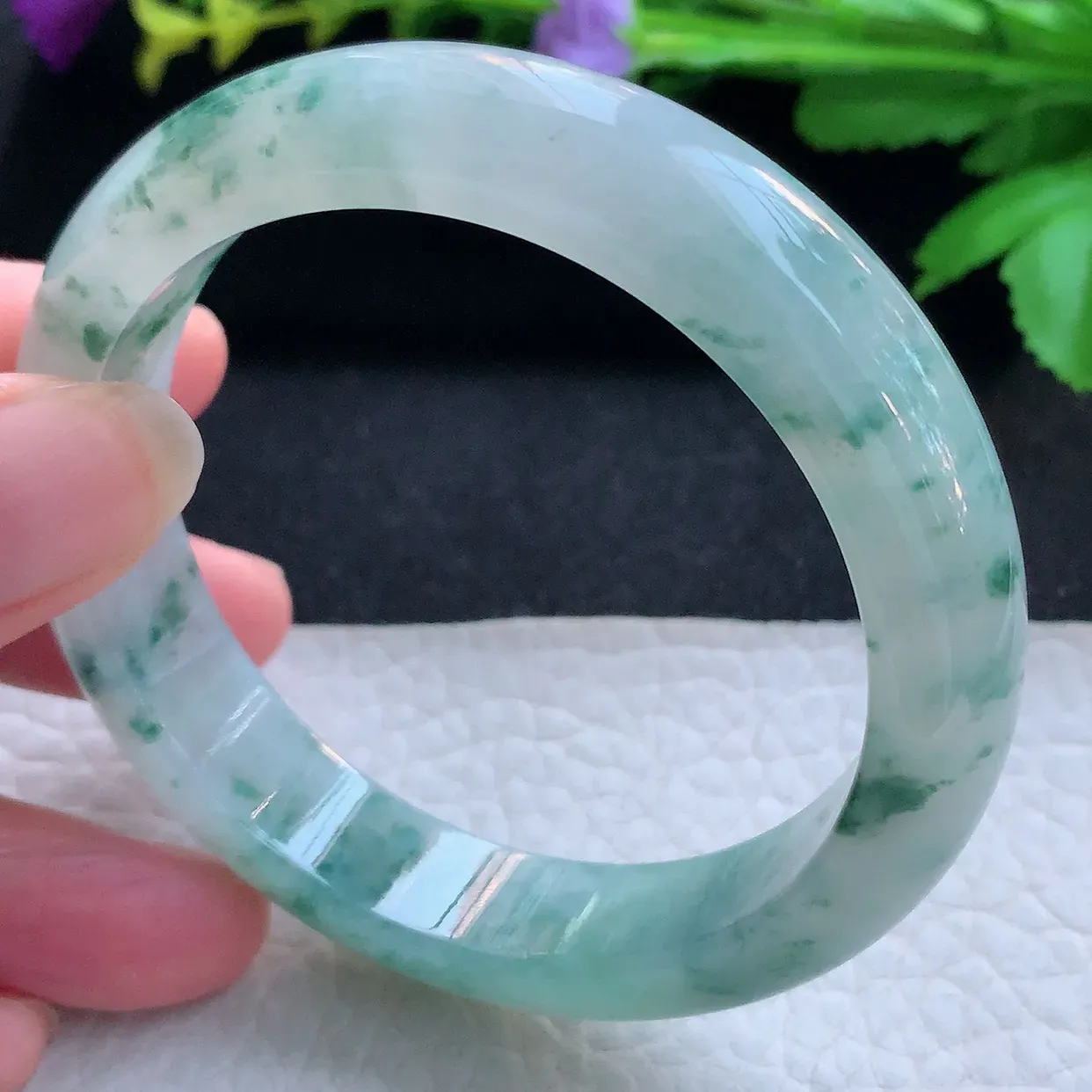 jl实拍56.5*13*8平安镯 天然缅甸翡翠玉手镯冰飘花飘逸宽边玉手环