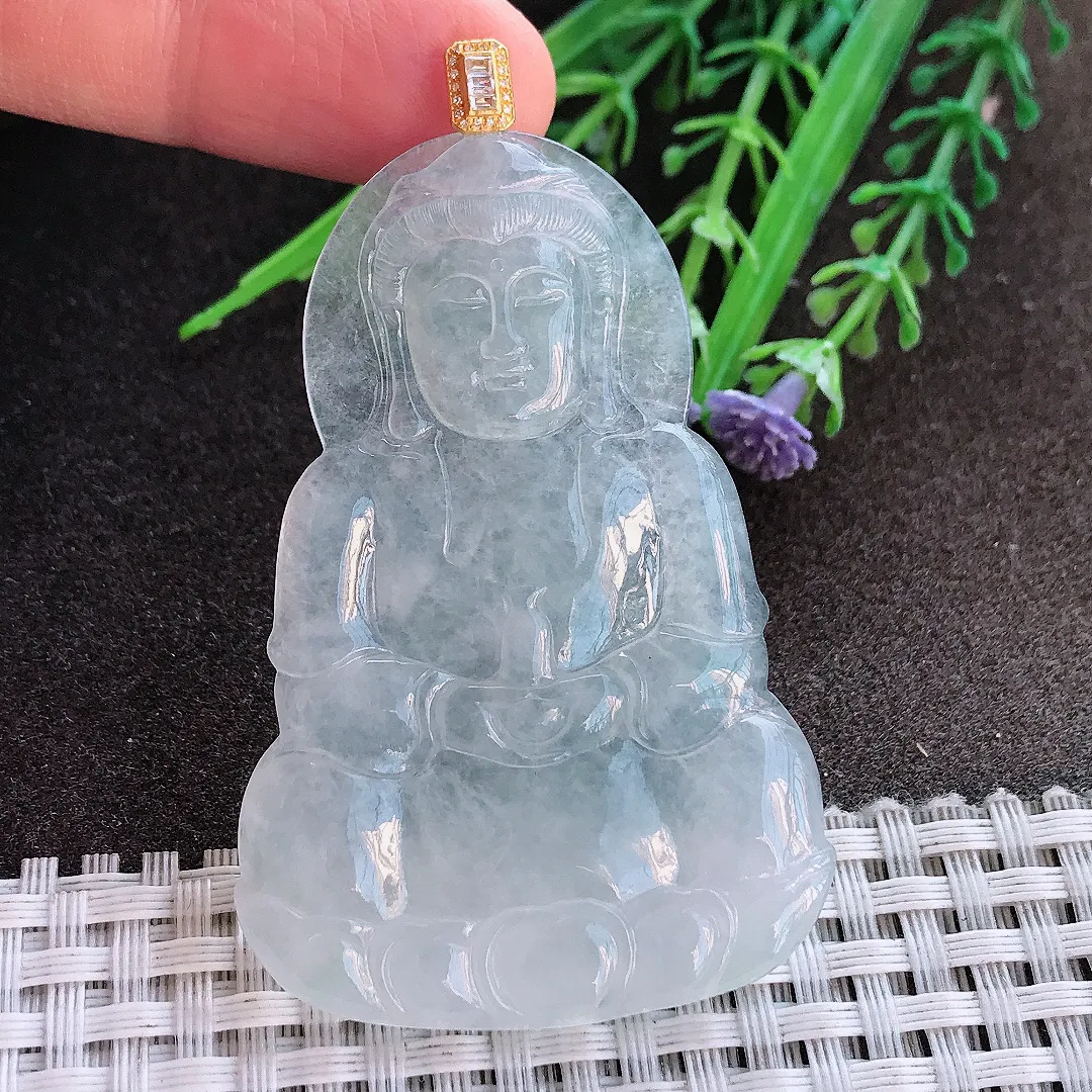 实拍A货翡翠59.5/39.8/4.2老坑冰透起胶白冰观音吊坠翡翠挂件