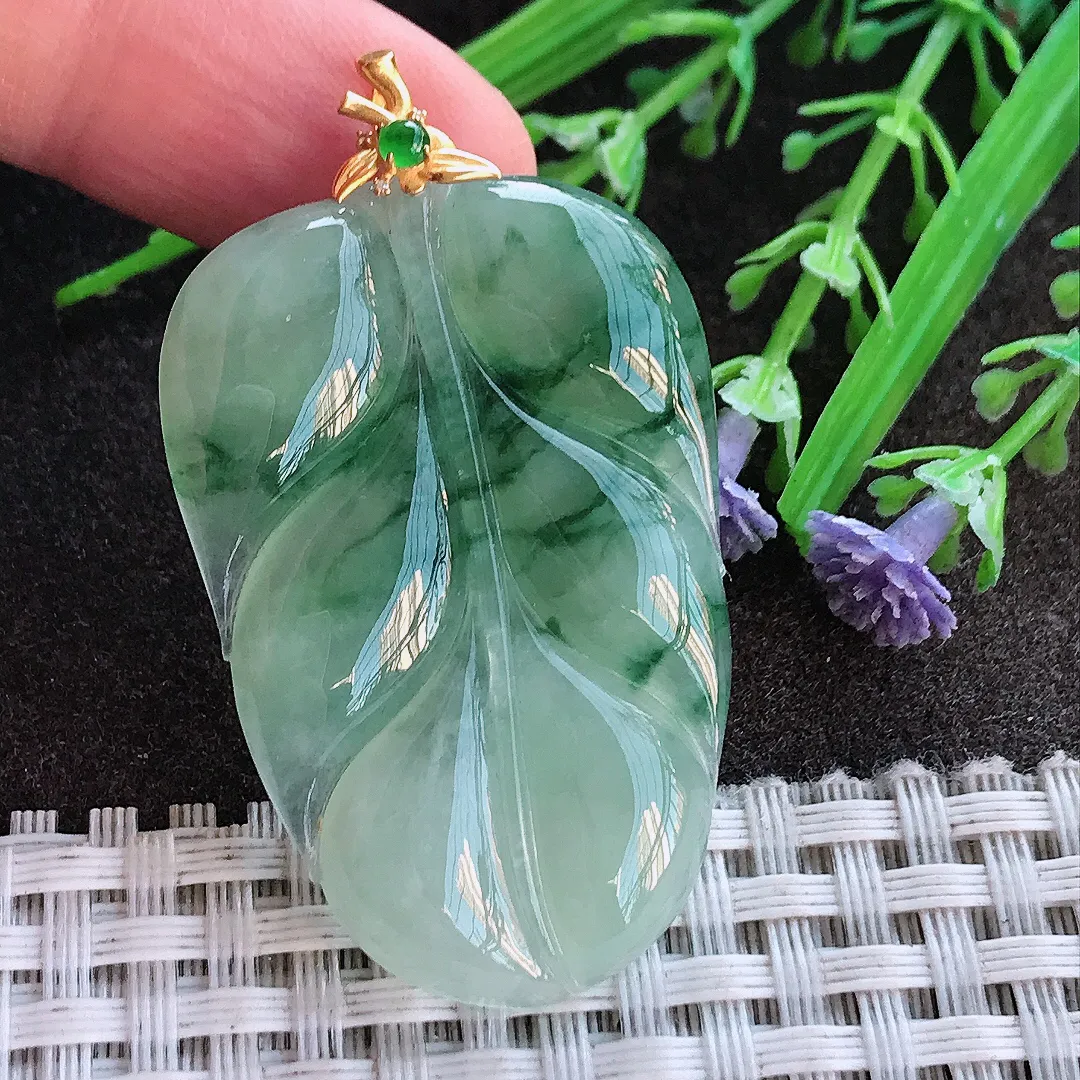 实拍A货翡翠43/28.8/4.5老坑18k金镶嵌冰胶飘花叶子吊坠翡翠挂件