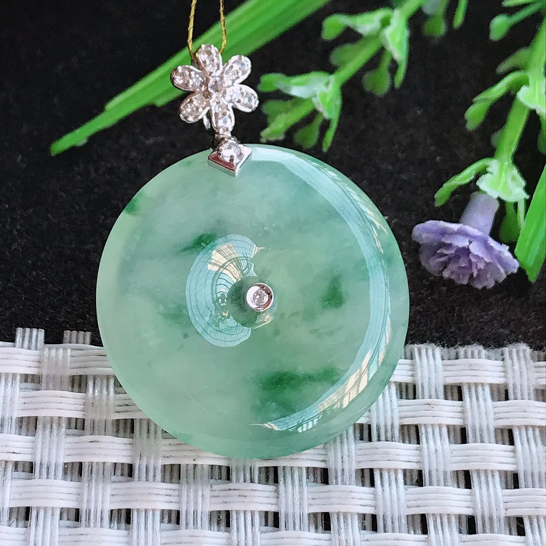 实拍A货翡翠27.2/5老坑18k金镶嵌冰胶水灵冰晴飘花平安扣吊坠翡翠挂件