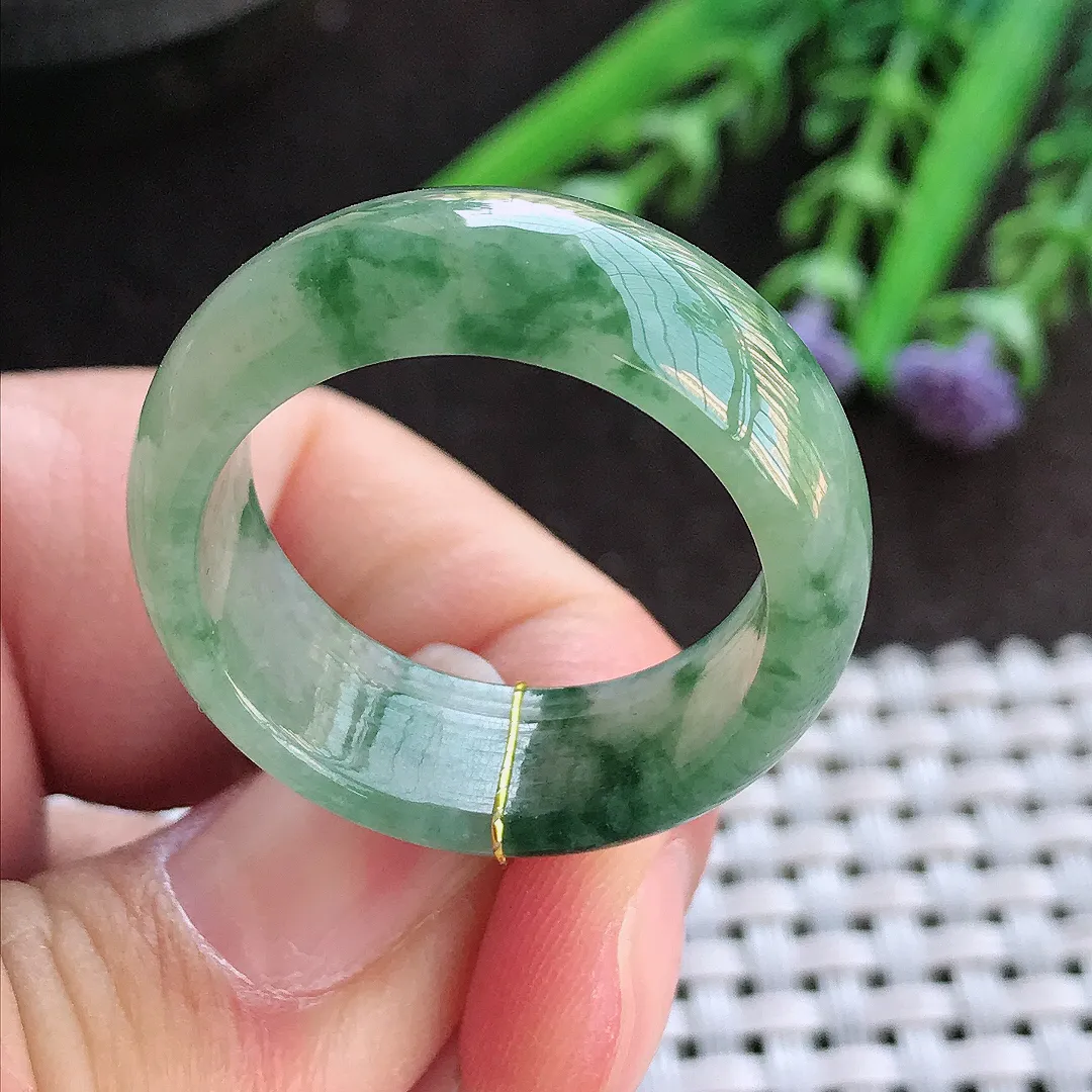 实拍A货翡翠22/9.5/4老坑冰润起胶飘花指环戒指男士扳指