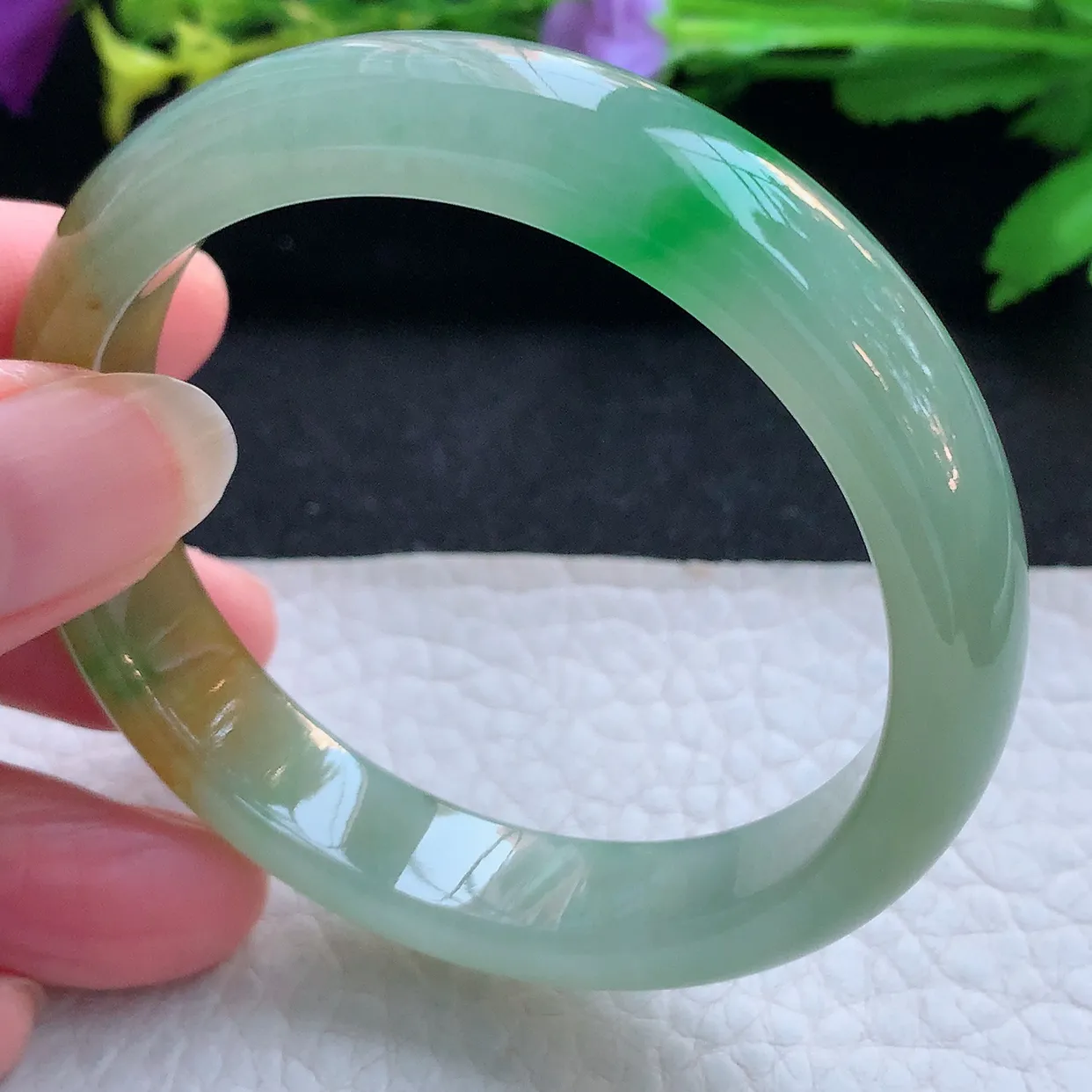h小圈口52.5*11.6*7平安镯 天然缅甸翡翠玉手镯冰三彩宽边玉手环