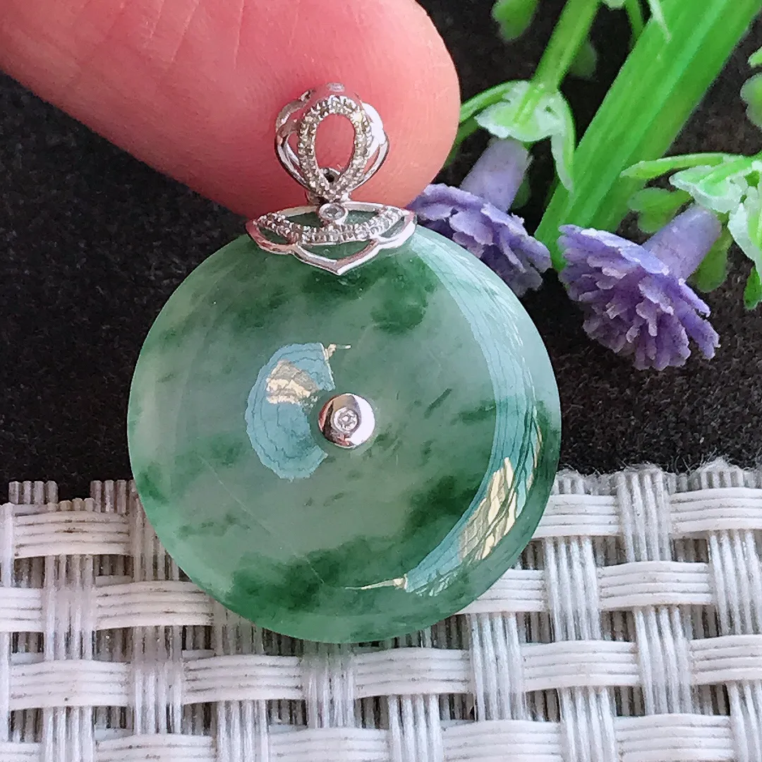 实拍A货翡翠21.2/4.5老坑18k金镶嵌冰胶飘花平安扣吊坠翡翠玉扣挂件