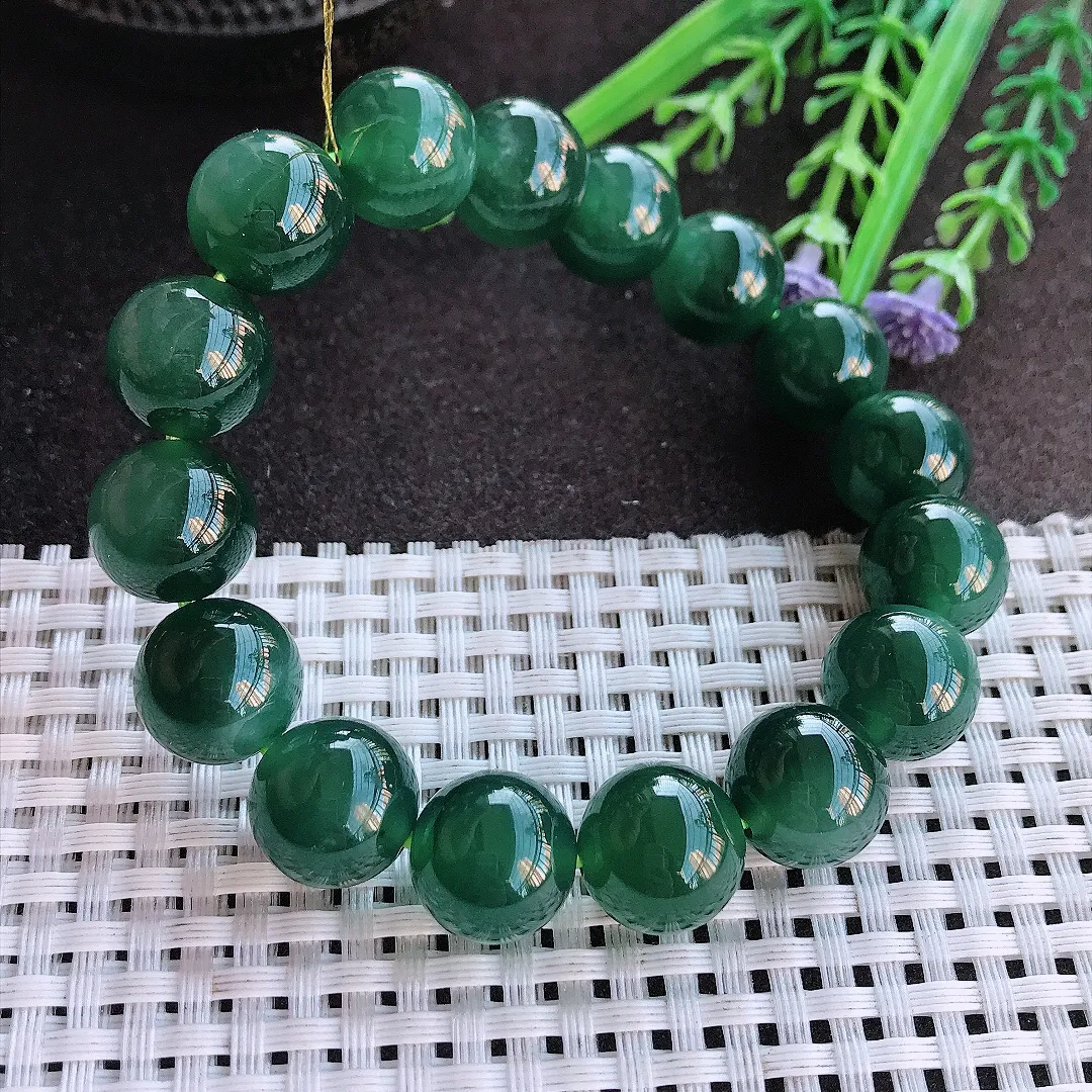 实拍A货翡翠13/16颗老坑冰胶果冻油润满色蓝韵圆珠手链玉珠手串