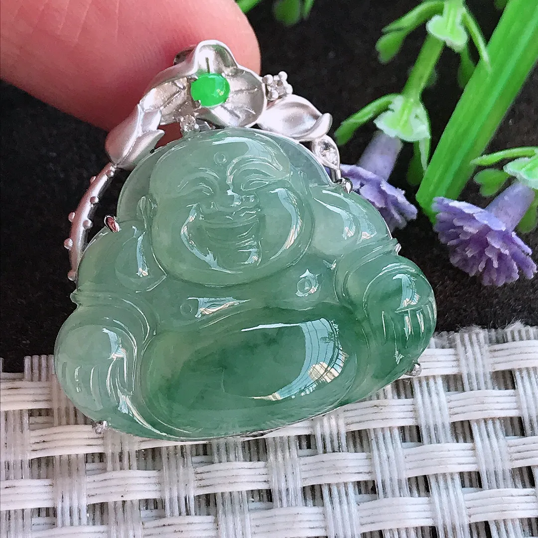 实拍A货翡翠30.8/29.8/8老坑18k金镶嵌冰胶果冻满色飘花佛公吊坠翡翠挂件