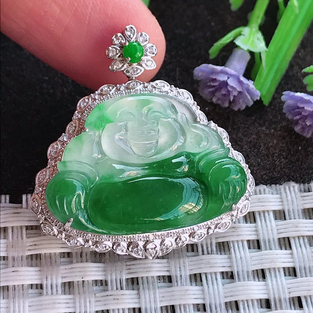 实拍A货翡翠30.6/29.8/8老坑18k金镶嵌冰阳绿佛公吊坠翡翠挂件