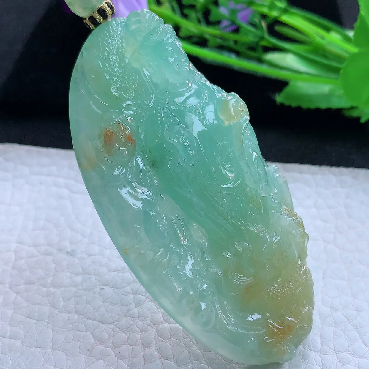 yl收藏款76.6*38*14.5缅甸翡翠精雕冰黄加绿御龙观音玉挂件