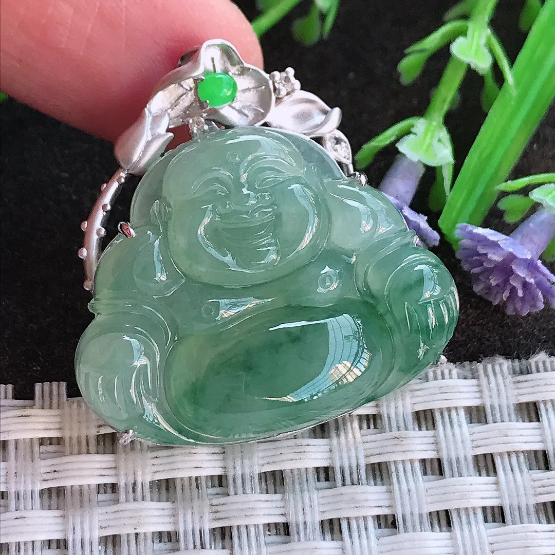 实拍A货翡翠30.8/29.8/8老坑18k金镶嵌冰胶果冻满色飘花佛公吊坠翡翠挂件