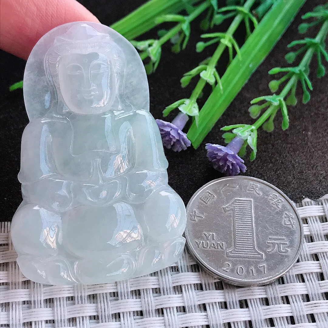 实拍A货翡翠52.5/34.3/4.8老坑冰透起胶正装观音吊坠翡翠挂件