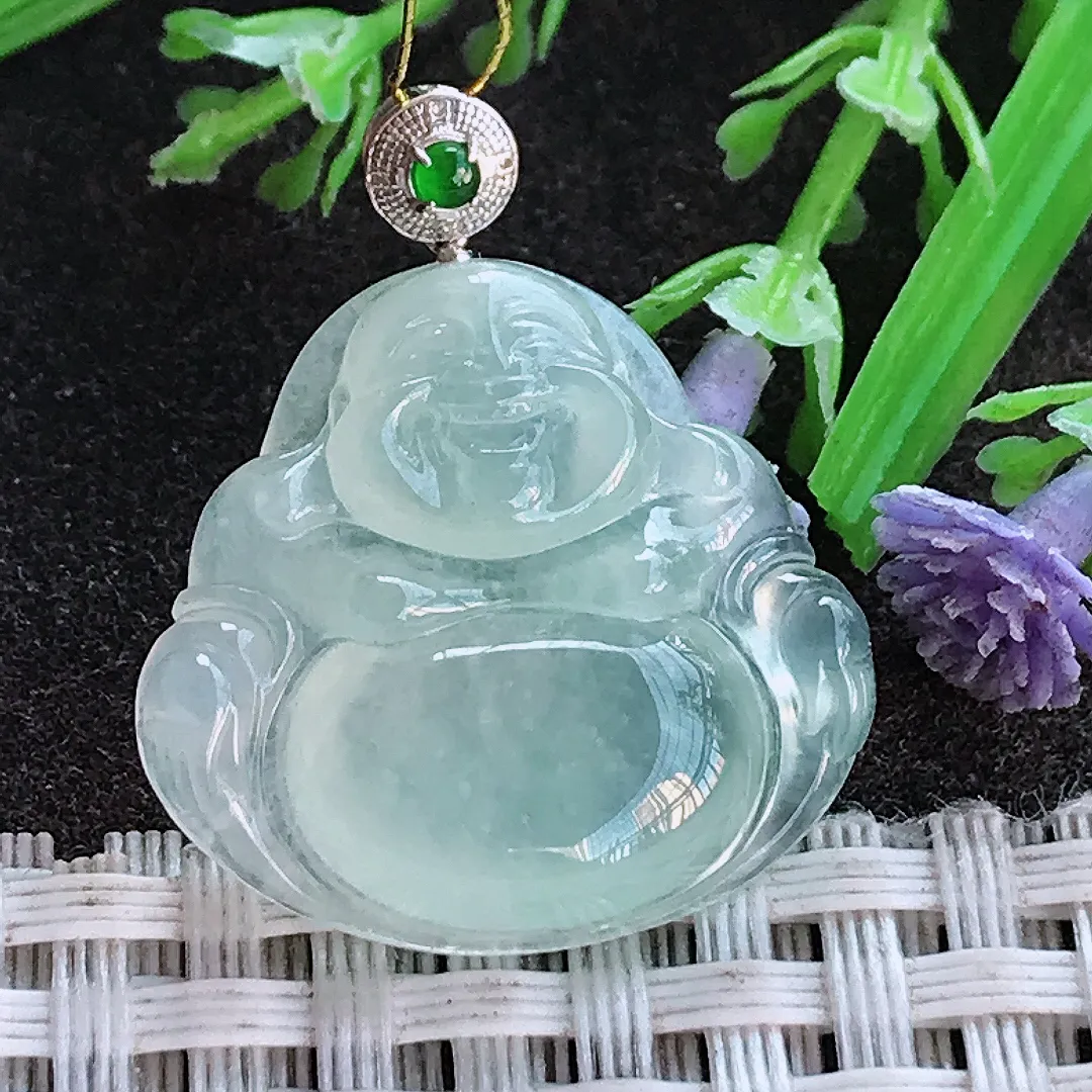 实拍A货翡翠22.8/24.3/5.4老坑18k金镶嵌冰种冰晴佛公吊坠翡翠玉佛挂件