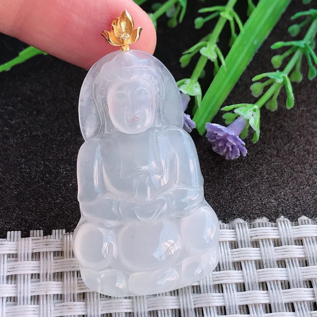 实拍A货翡翠44.3/27/4老坑18k金镶嵌冰润白冰观音菩萨吊坠翡翠挂件