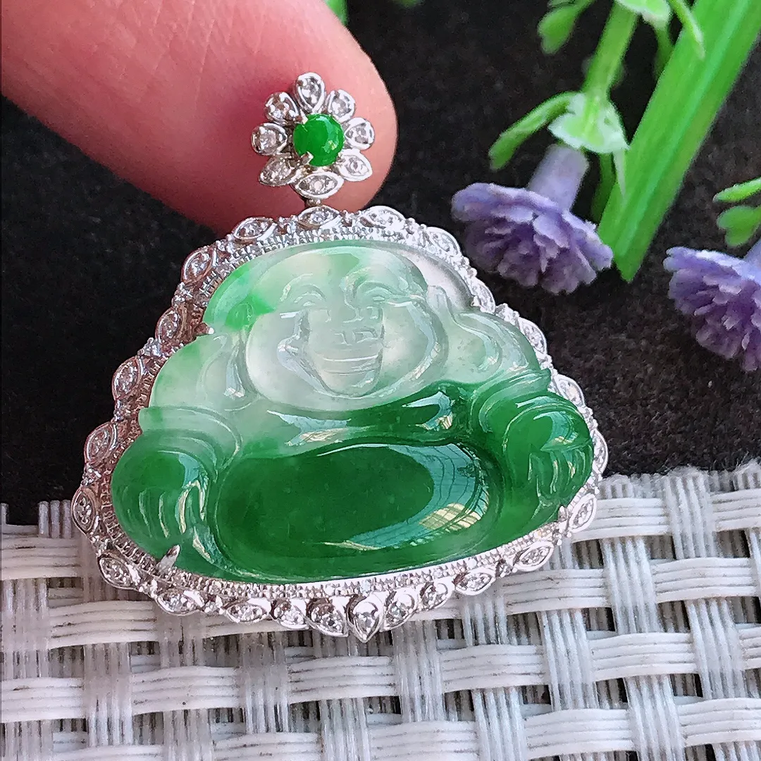 实拍A货翡翠30.6/29.8/8老坑18k金镶嵌冰阳绿佛公吊坠翡翠挂件