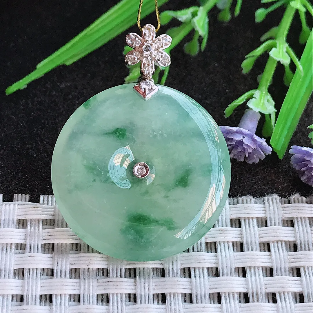 实拍A货翡翠27.2/5老坑18k金镶嵌冰胶水灵冰晴飘花平安扣吊坠翡翠挂件