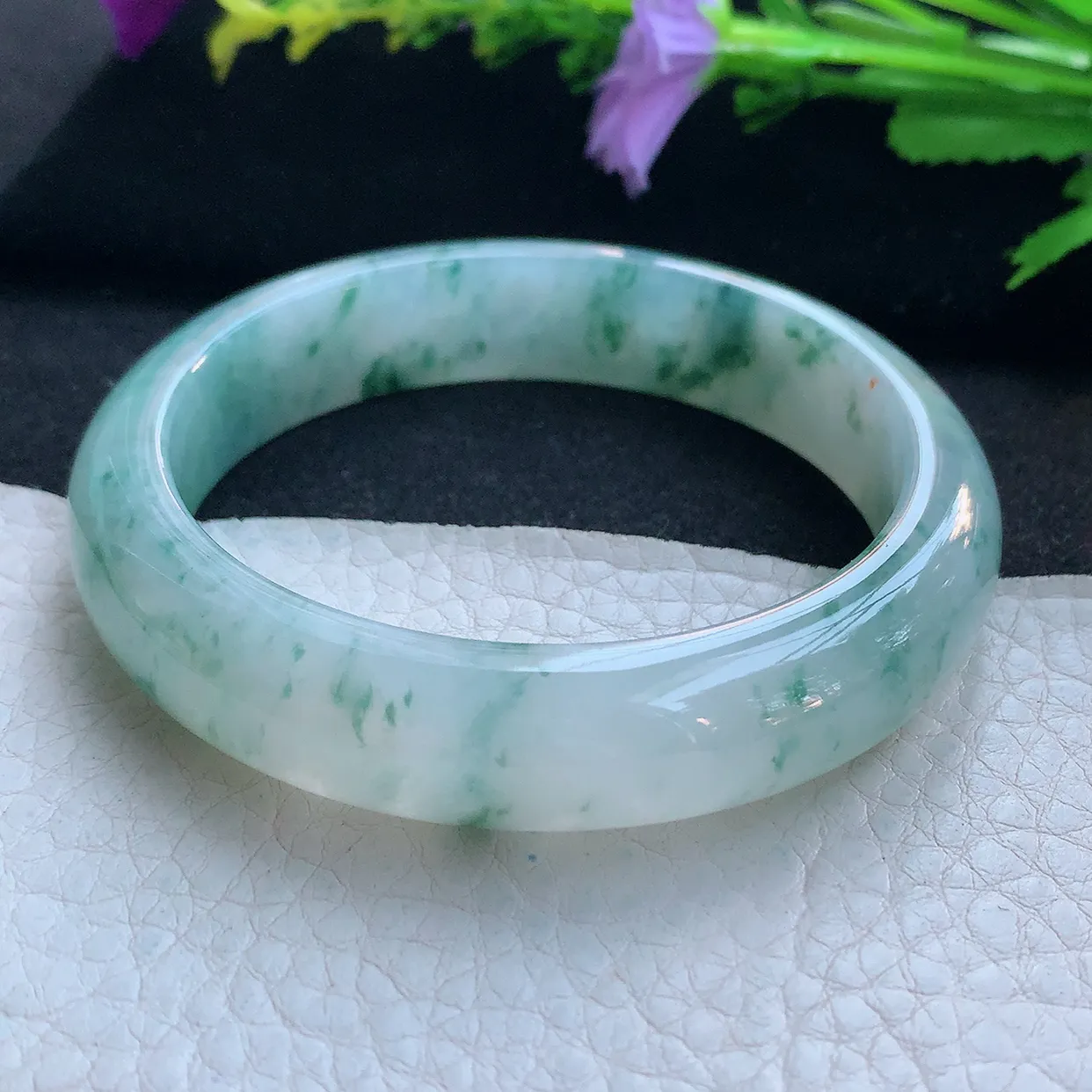 jl实拍56.5*13*8平安镯 天然缅甸翡翠玉手镯冰飘花飘逸宽边玉手环