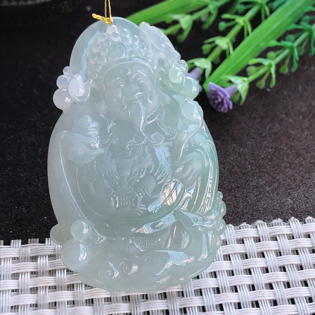 实拍A货翡翠65.3/40/8老坑冰润起胶财神爷吊坠翡翠挂件