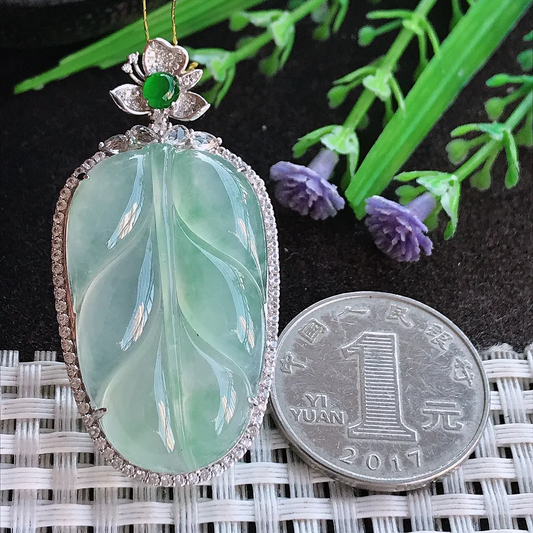 实拍A货翡翠47/24/9.3老坑18k金镶嵌冰种果冻胶冰晴叶子吊坠翡翠挂件