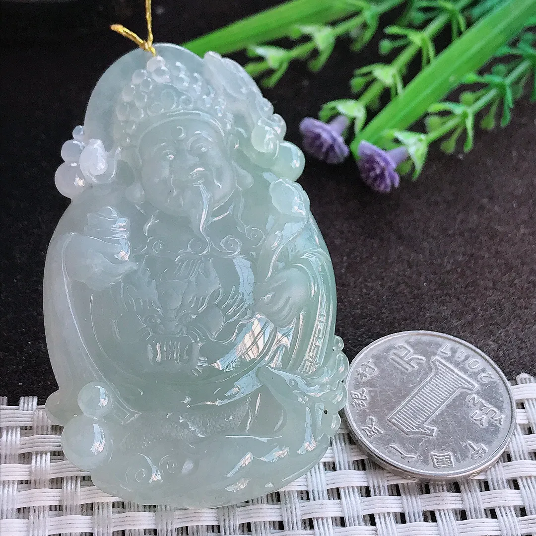实拍A货翡翠65.3/40/8老坑冰润起胶财神爷吊坠翡翠挂件