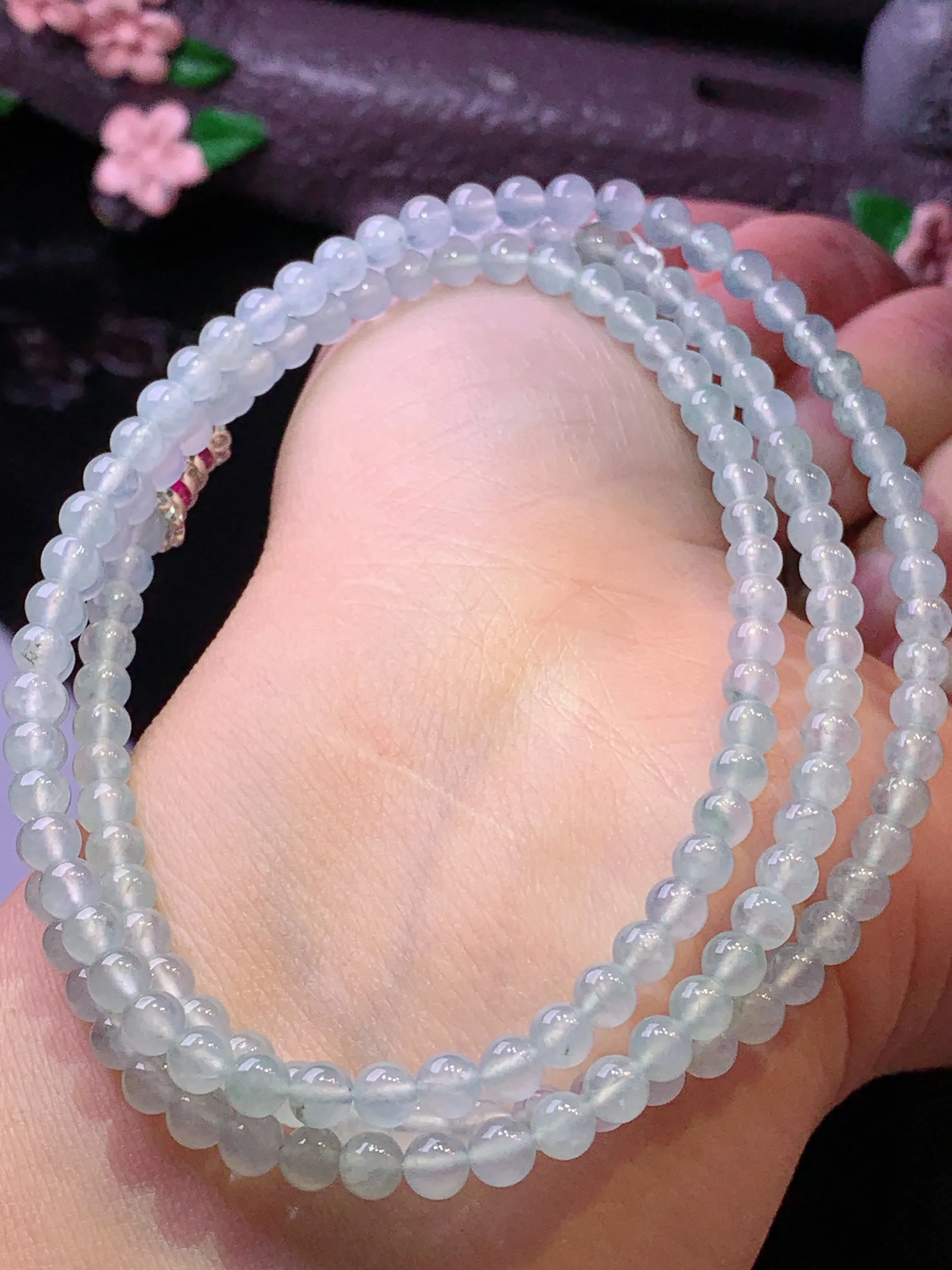冰种圆珠项链 玉质细腻 色泽艳丽清新 整体尺寸4