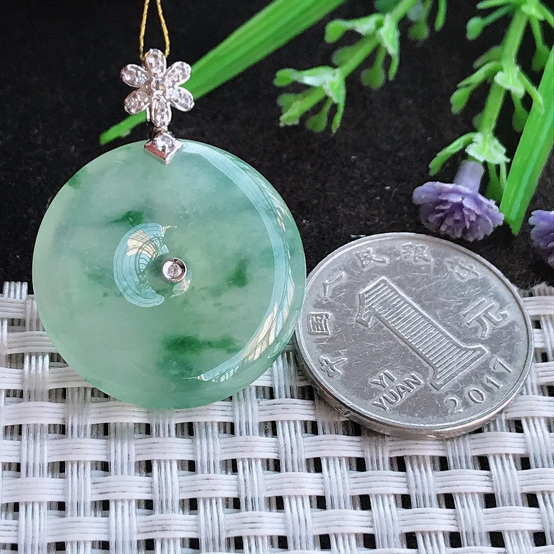 实拍A货翡翠27.2/5老坑18k金镶嵌冰胶水灵冰晴飘花平安扣吊坠翡翠挂件