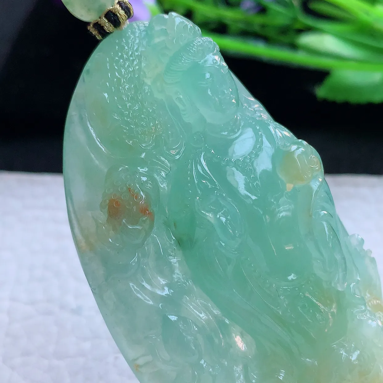 yl收藏款76.6*38*14.5缅甸翡翠精雕冰黄加绿御龙观音玉挂件