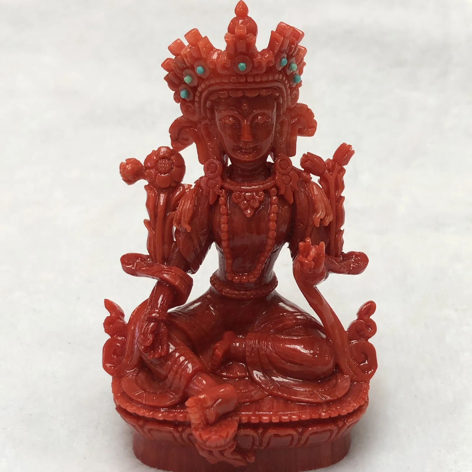 【天然红珊瑚拼接绿镀母小佛摆件】意大利产地，沙丁珊瑚料，深红颜色，釆用台湾拼接手工工艺，精雕细镂，底