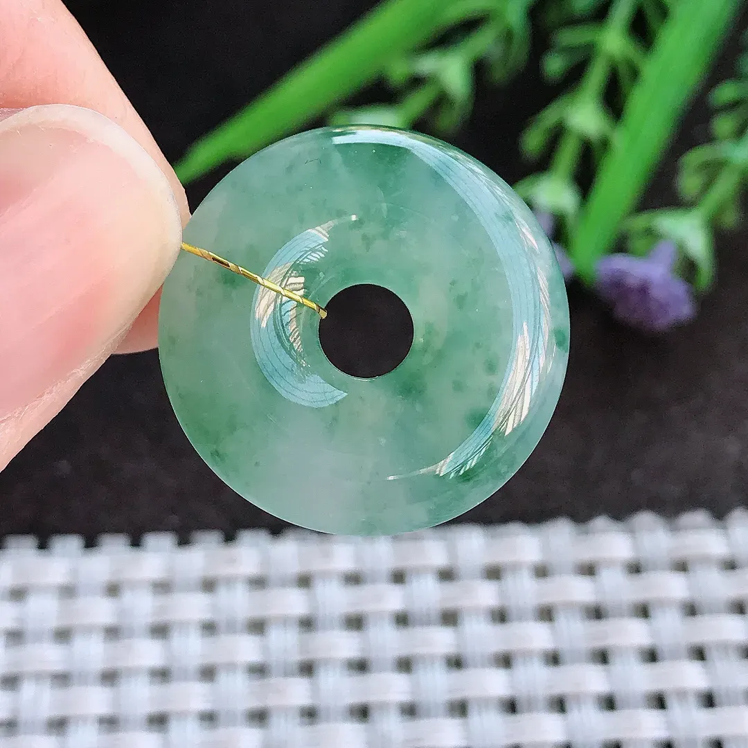 实拍A货翡翠23.8/6老坑冰胶水灵飘花玉环吊坠翡翠平安扣挂件