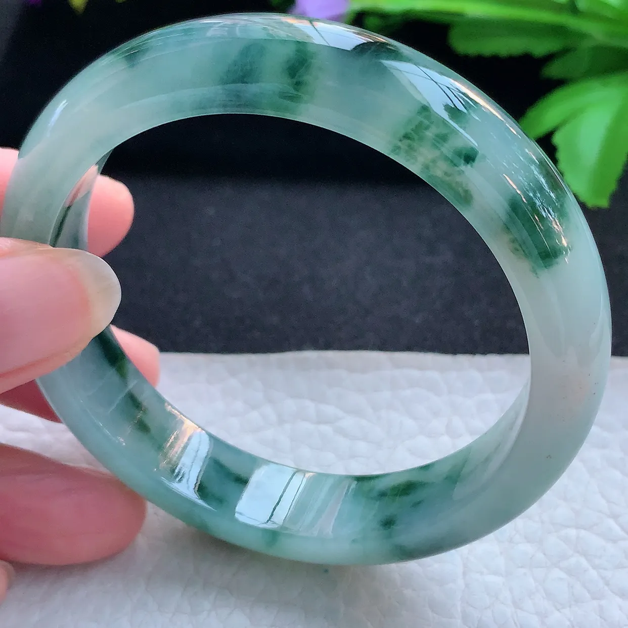 nr实拍56.5*13*8平安镯 天然缅甸翡翠玉手镯冰飘蓝花厚装宽边玉手环