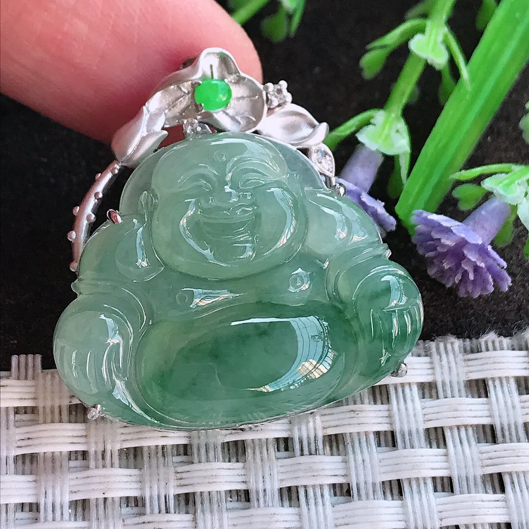 实拍A货翡翠30.8/29.8/8老坑18k金镶嵌冰胶果冻满色飘花佛公吊坠翡翠挂件