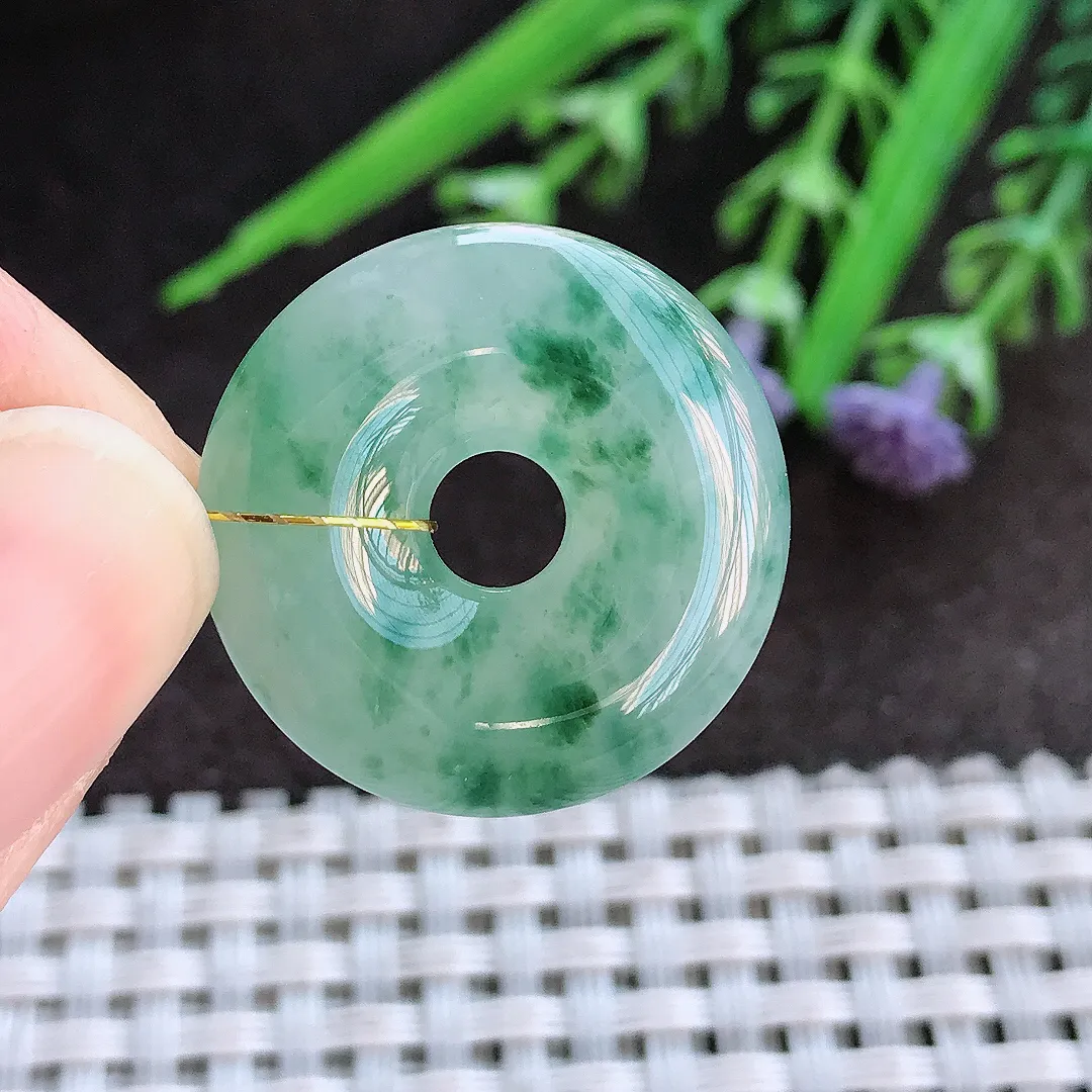 实拍A货翡翠23.8/6老坑冰胶水灵飘花玉环吊坠翡翠平安扣挂件