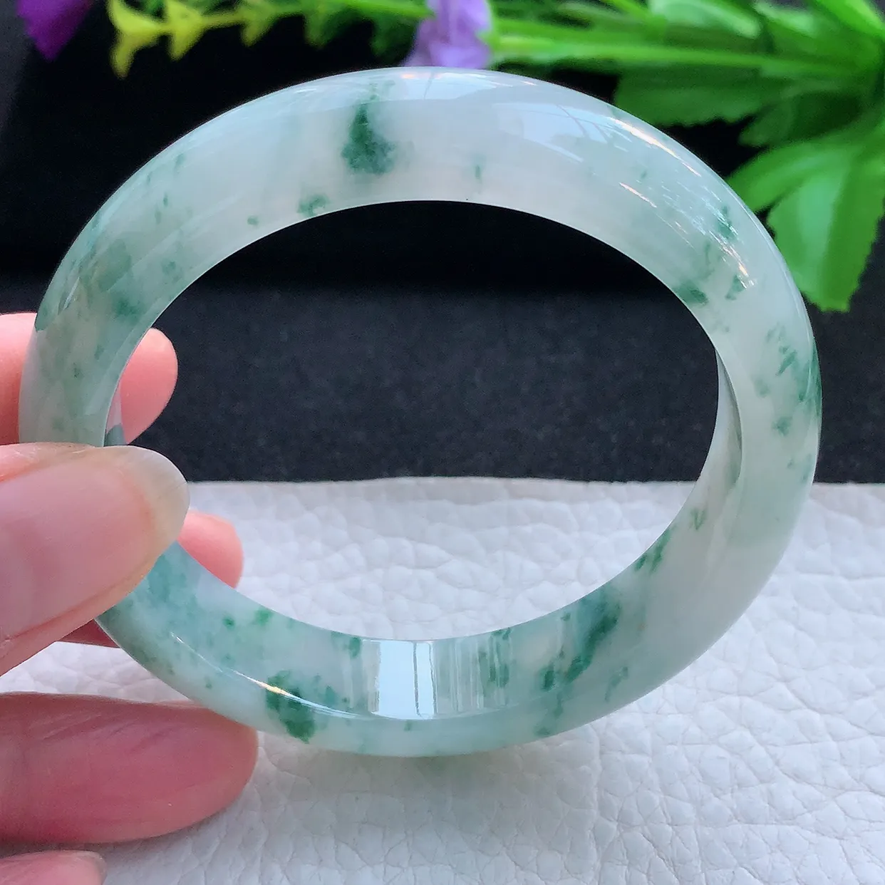 jl实拍56.5*13*8平安镯 天然缅甸翡翠玉手镯冰飘花飘逸宽边玉手环