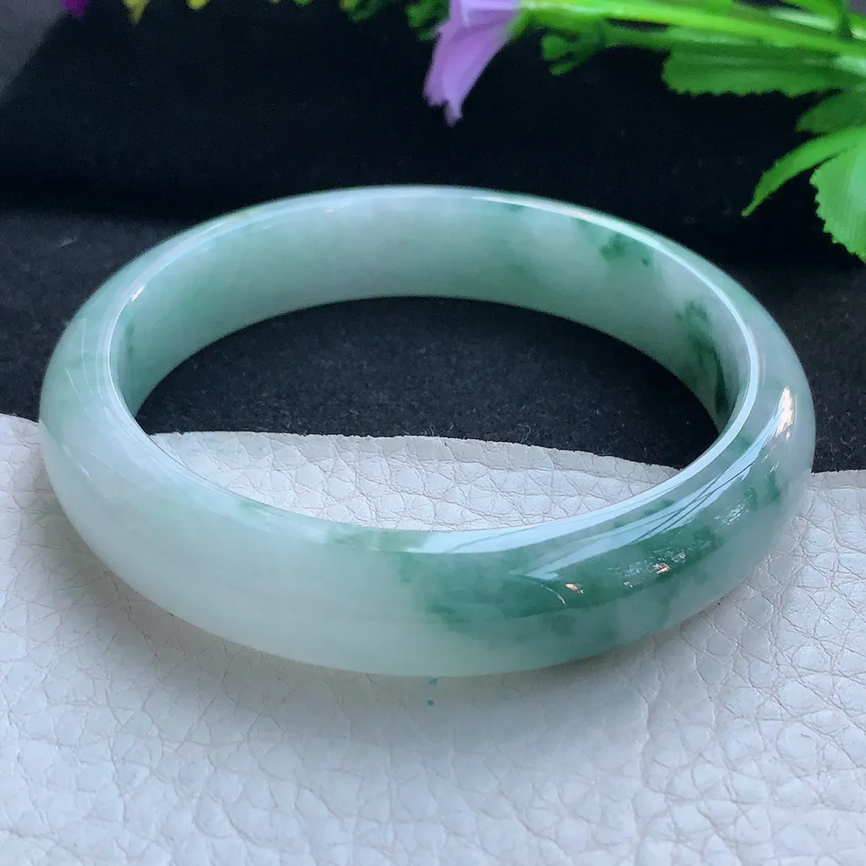 nr大圈口60*13*7.8平安镯 天然缅甸翡翠玉手镯冰飘蓝花宽边玉手环