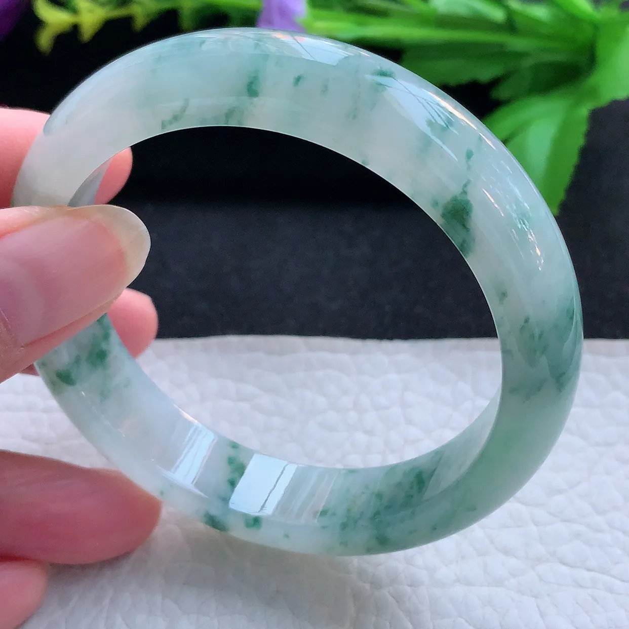 jl实拍56.5*13*8平安镯 天然缅甸翡翠玉手镯冰飘花飘逸宽边玉手环