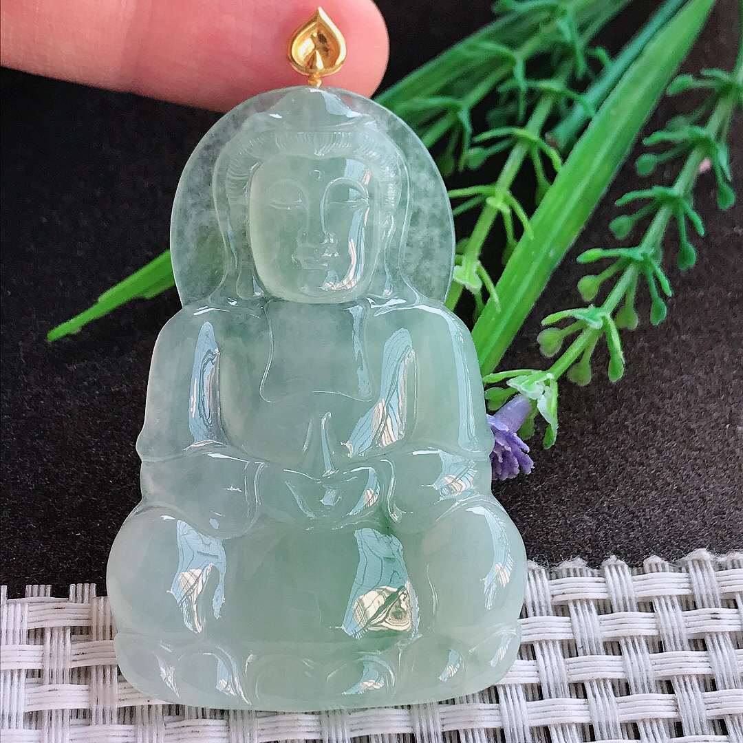 实拍A货翡翠59/38.5/5.8老坑18k金镶嵌冰胶冰晴绿正装观音吊坠翡翠挂件