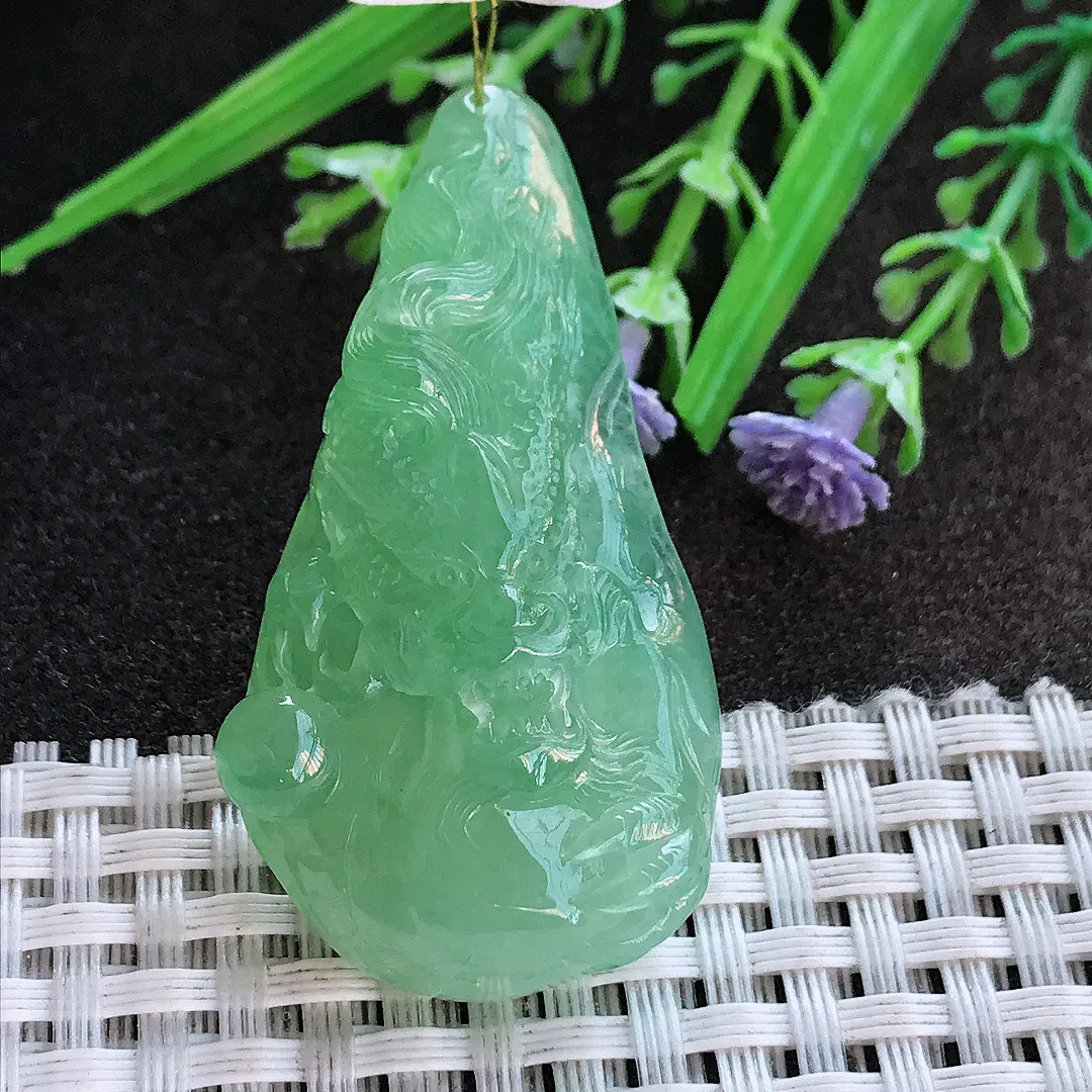 实拍A货翡翠49/25/11.7老坑冰胶果冻冰晴满绿甜绿龙牌吊坠翡翠龙头