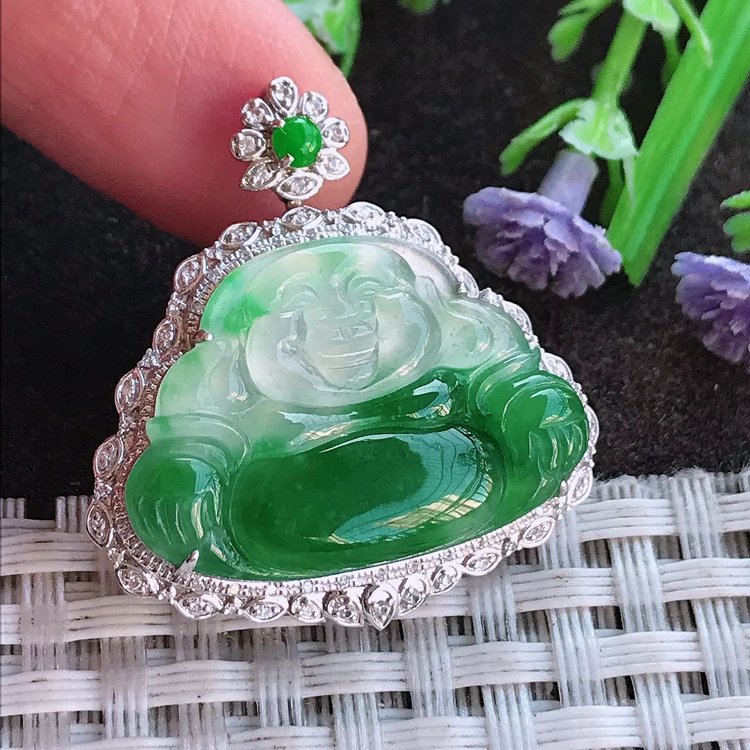 实拍A货翡翠30.6/29.8/8老坑18k金镶嵌冰阳绿佛公吊坠翡翠挂件