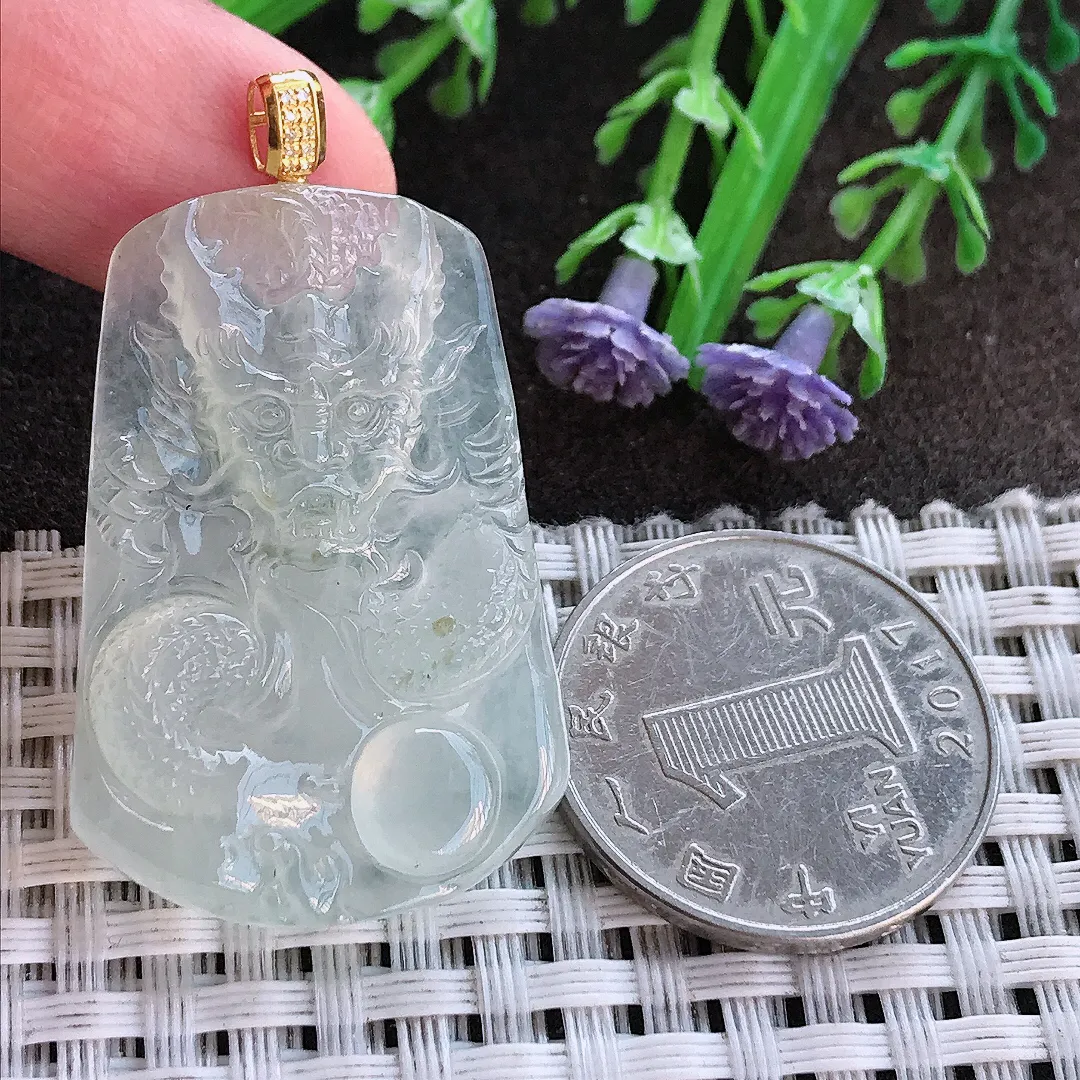 实拍A货翡翠38/25/4.8老坑18k金镶嵌冰种冰晴龙牌吊坠翡翠挂件