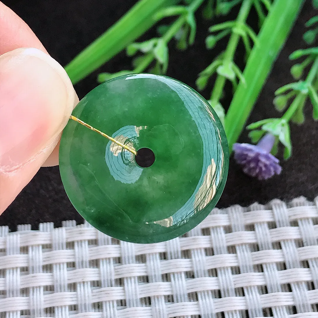 实拍A货翡翠24.8/4.7老坑冰润满绿平安扣吊坠翡翠挂件玉扣